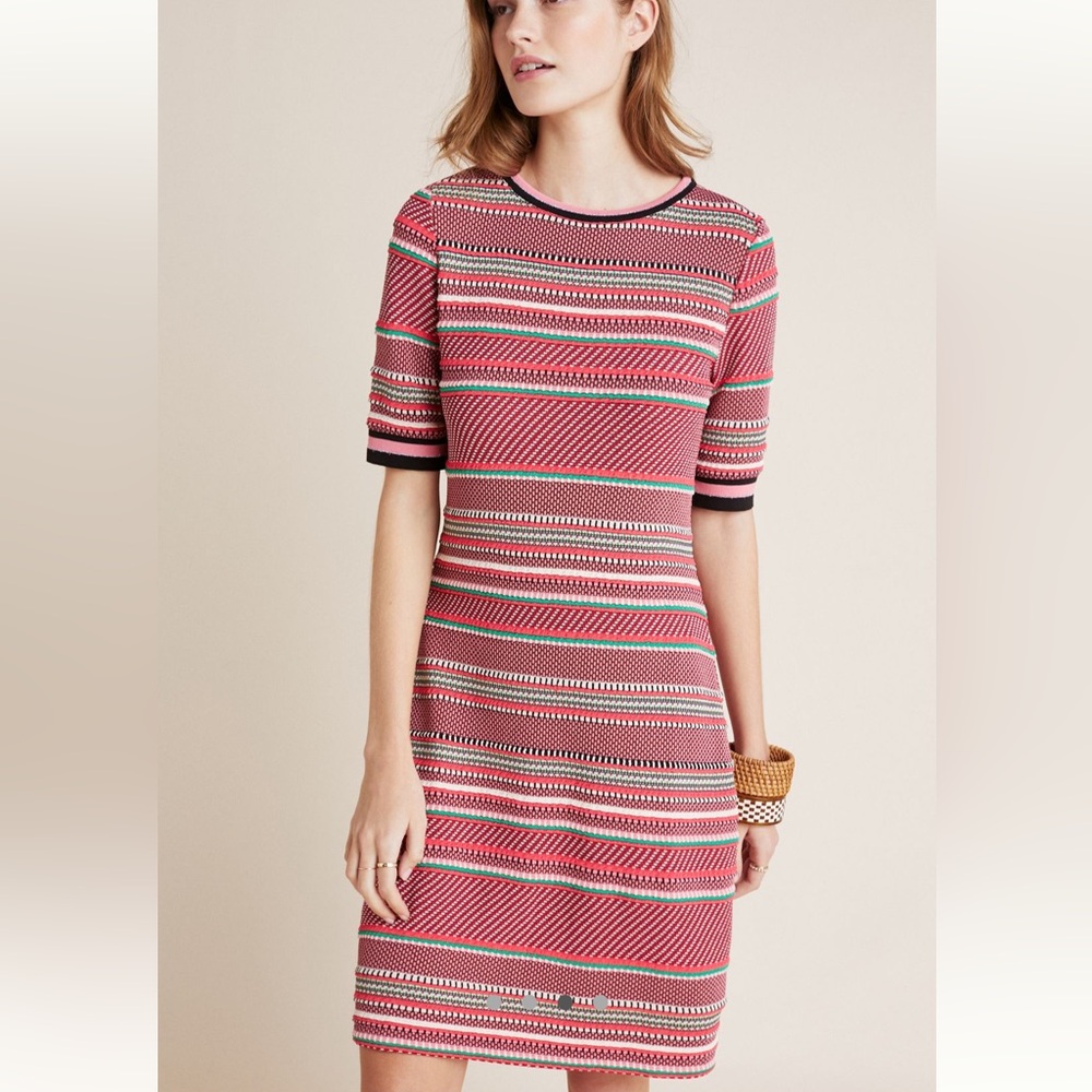 Stretchy, so cute, pink multicolo summer “Alice Striped Knit Dress” from Anthro.